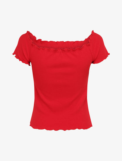 Top slim uni col bardot - Rouge - 2