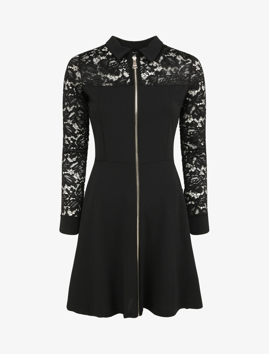 Robe patineuse unie à manches dentelle - Noir - 1