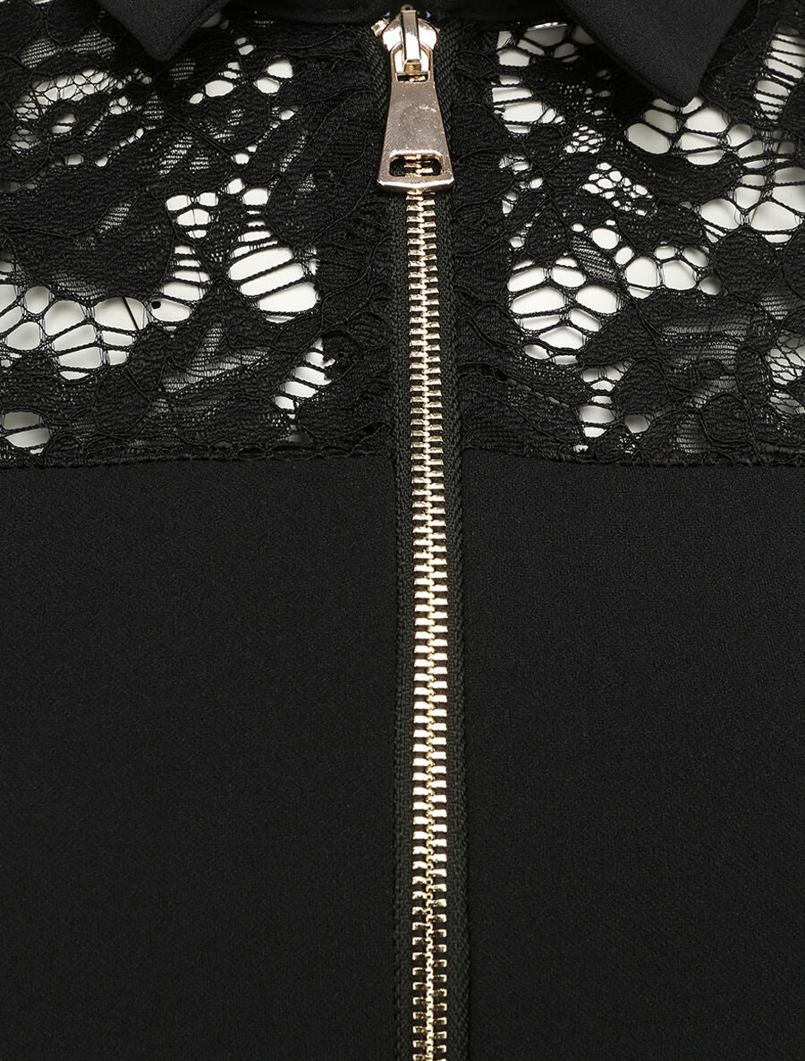 Robe patineuse unie à manches dentelle - Noir - 3
