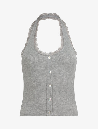 Top slim dos nu et dentelle - Gris chiné - 4
