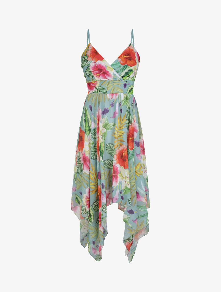 Robe empire mi-longue asymétrique imprimé hibiscus - Vert menthe - 1