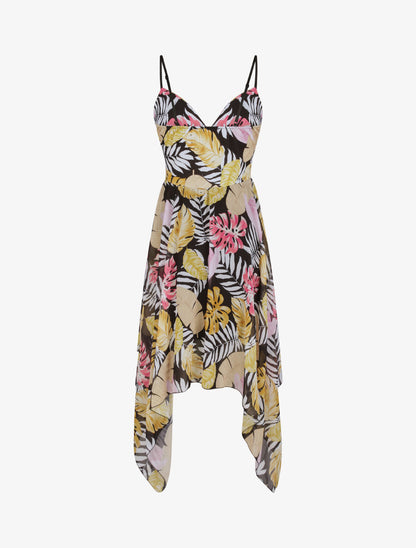 Robe empire mi-longue asymétrique imprimé feuille tropicales - Noir - 2