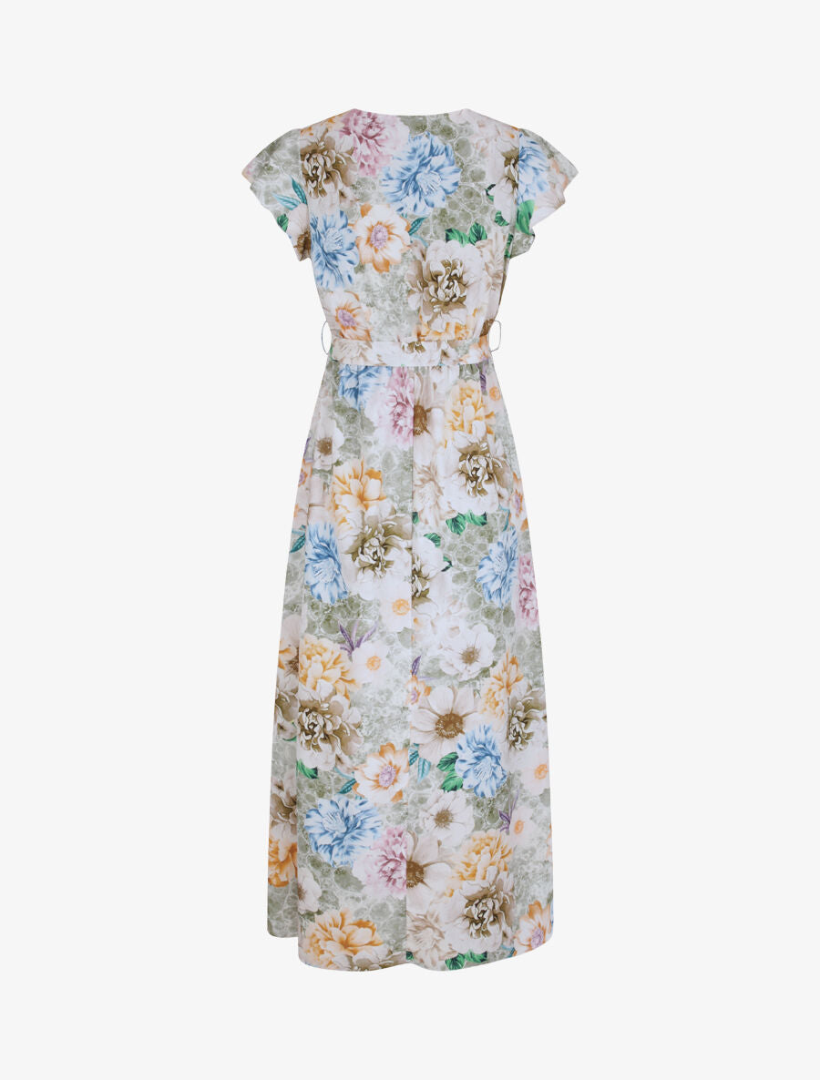 Robe longue cintrée imprimé pivoines stylisées - Vert olive - 2
