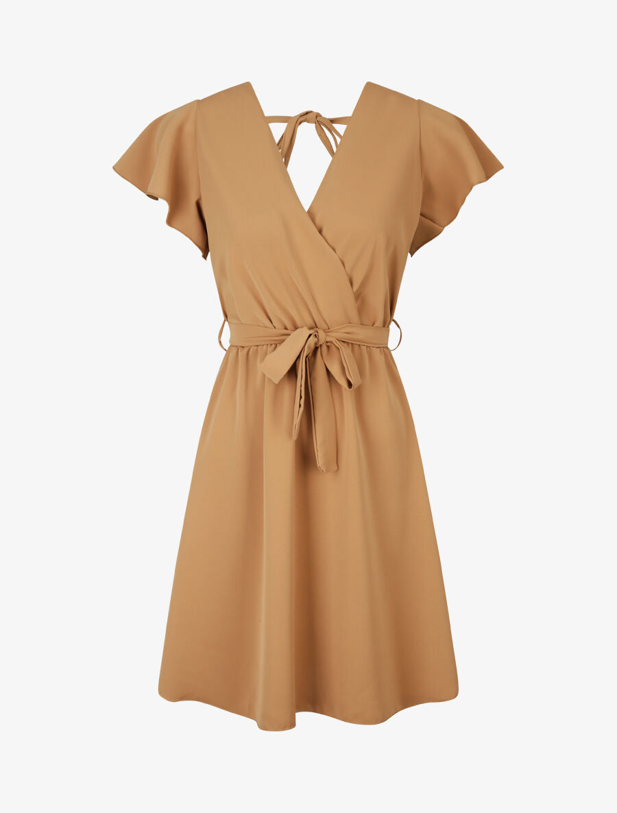 Robe fluide à encolure cache-coeur - Camel - 4