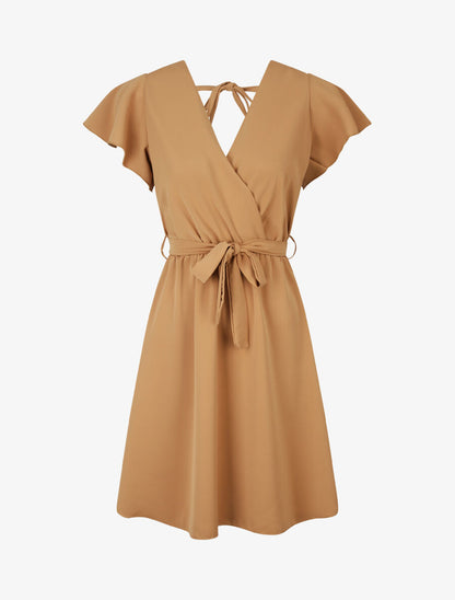 Robe fluide à encolure cache-coeur - Camel - 4