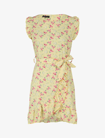 Robe imprimé fleurs des champs à bords volantées style portefeuille - Jaune - 1