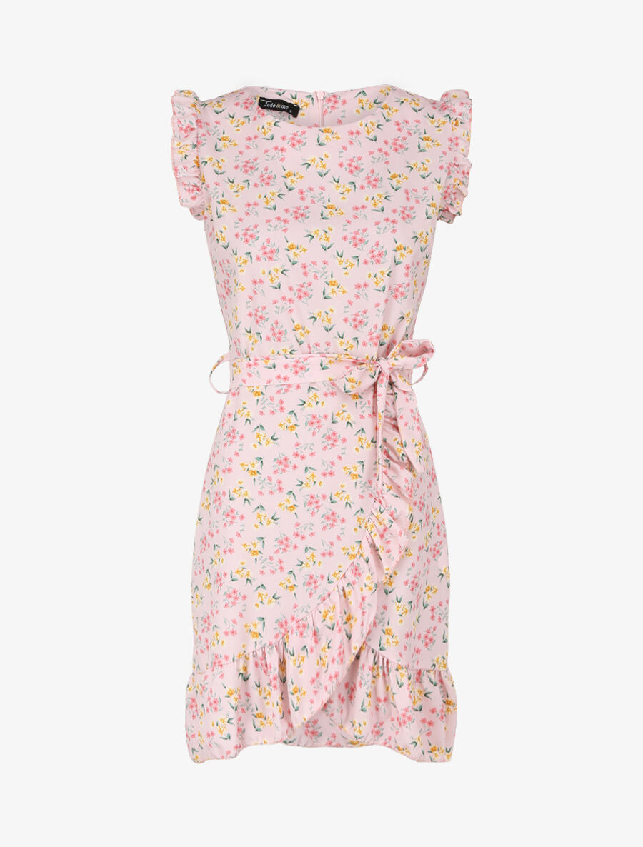 Robe imprimé fleurs des champs à bords volantées style portefeuille - Rose pâle - 4