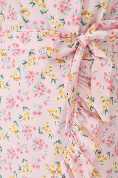 Robe imprimé fleurs des champs à bords volantées style portefeuille - Rose pâle - 3