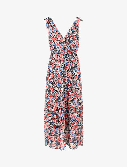 Robe imprimé fleurs champêtres à bretelles à détail noeud - Noir - 1