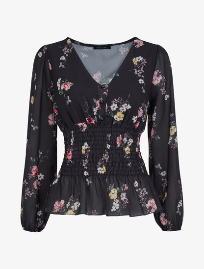 Top élastiqué imprimé floral - Noir - 1
