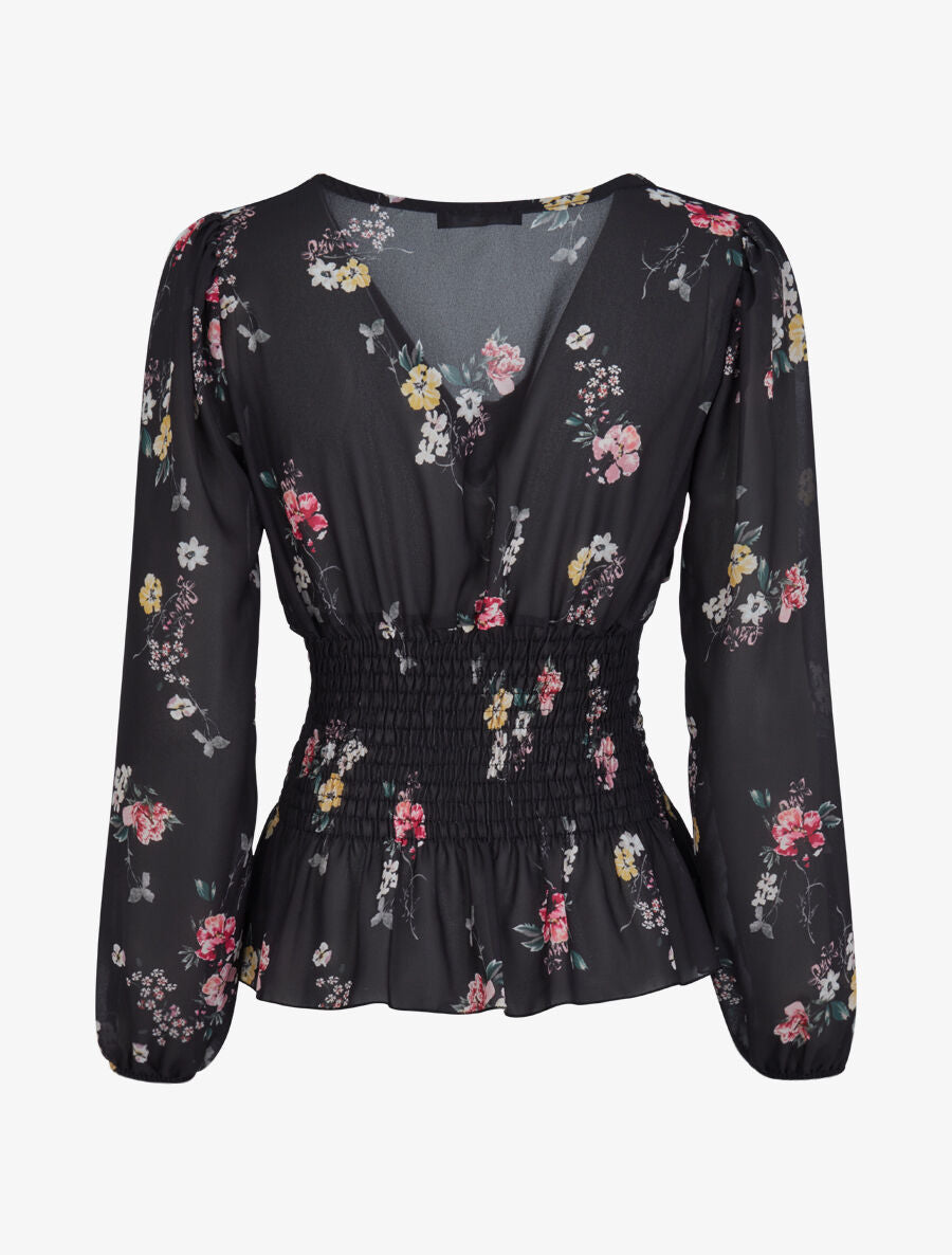 Top élastiqué imprimé floral - Noir - 2