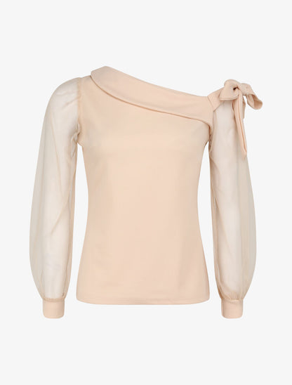 Top à manches en tulle et détail noeud - Beige - 4
