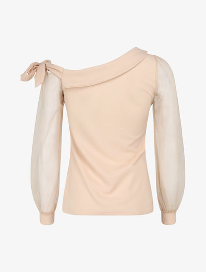 Top à manches en tulle et détail noeud - Beige - 2