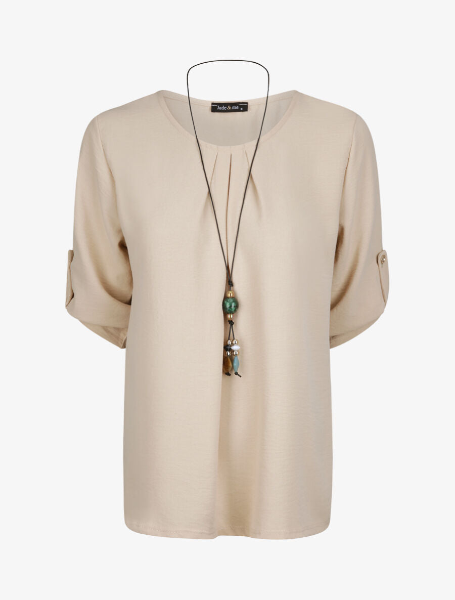 Top droit uni à col plissé - Beige - 1