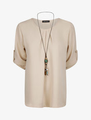 Top droit uni à col plissé - Beige - 1