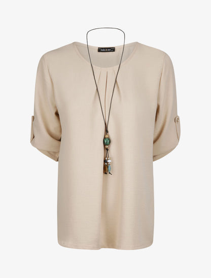 Top droit uni à col plissé - Beige - 1