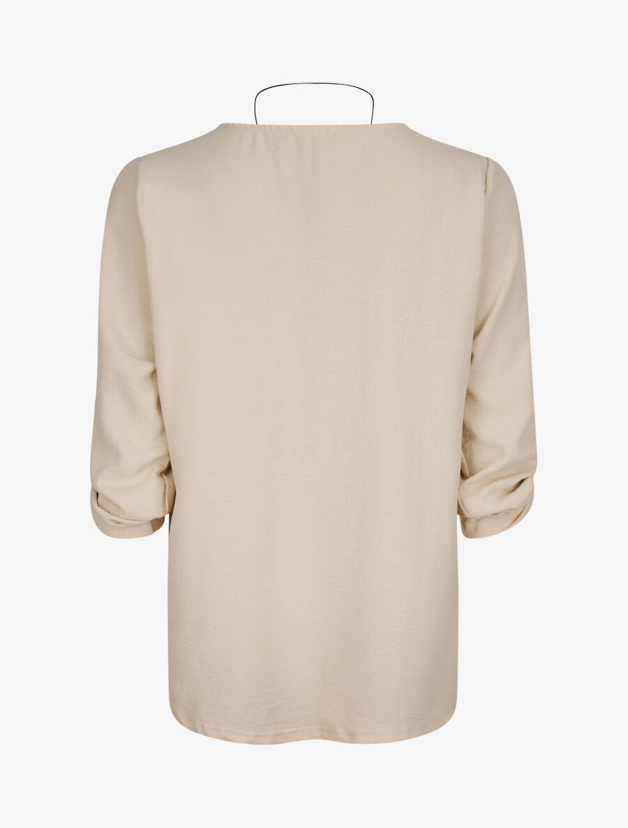 Top droit uni à col plissé - Beige - 2