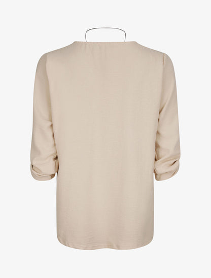 Top droit uni à col plissé - Beige - 2