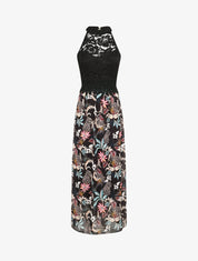 Robe longue imprimé fleurs baroques et buste en dentelle - Noir - 4