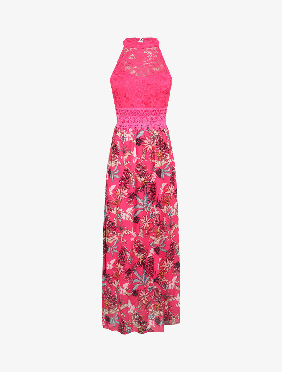 Robe longue imprimé fleurs baroques et buste en dentelle - Fuchsia - 1