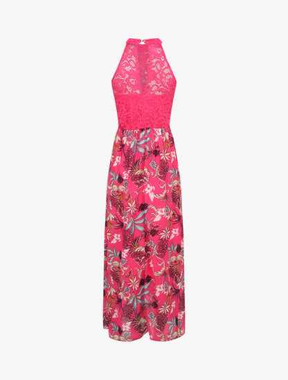 Robe longue imprimé fleurs baroques et buste en dentelle - Fuchsia - 2