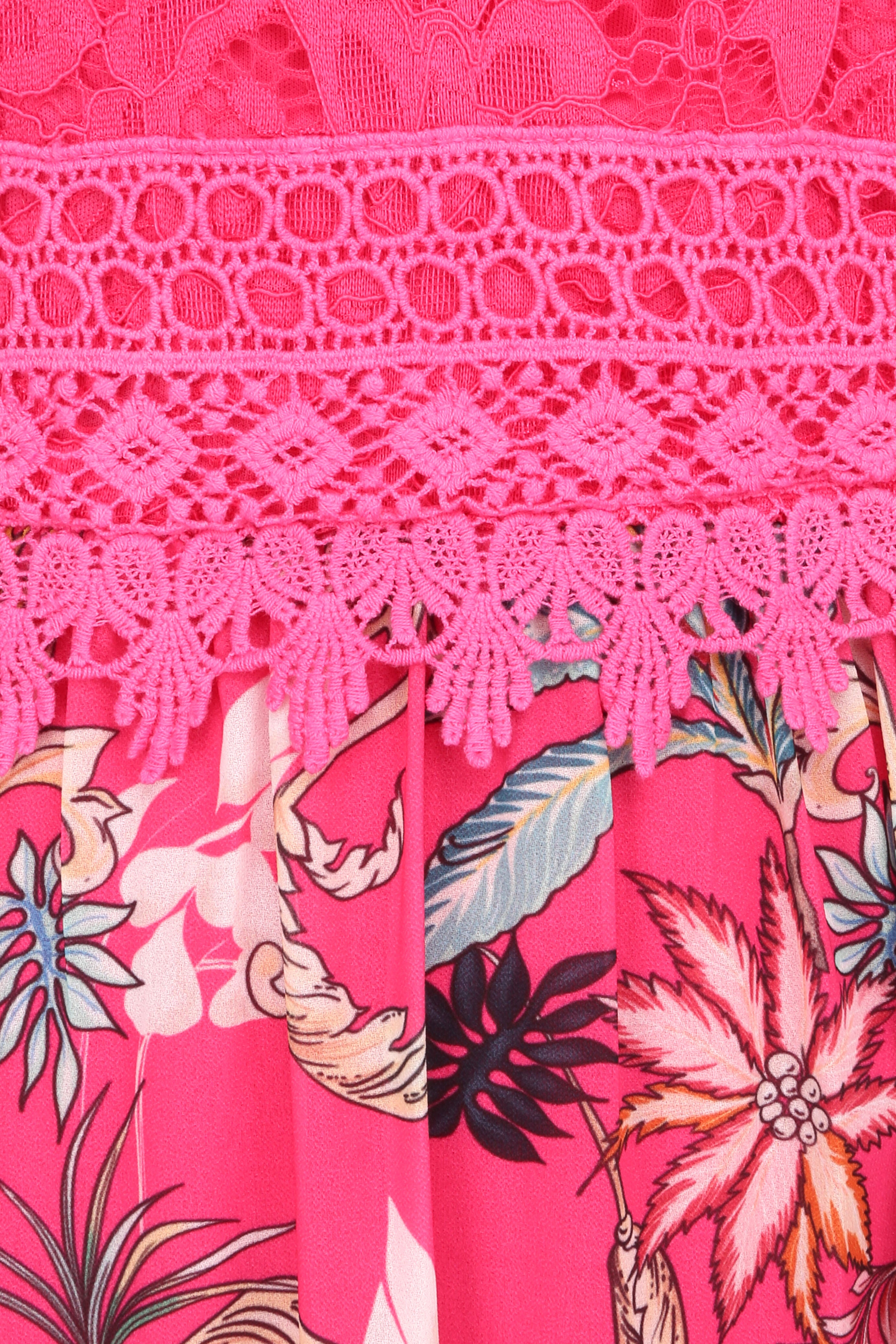 Robe longue imprimé fleurs baroques et buste en dentelle - Fuchsia - 3