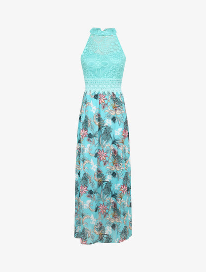 Robe longue imprimé fleurs baroques et buste en dentelle - Bleu lagon - 1
