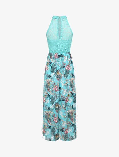 Robe longue imprimé fleurs baroques et buste en dentelle - Bleu lagon - 2
