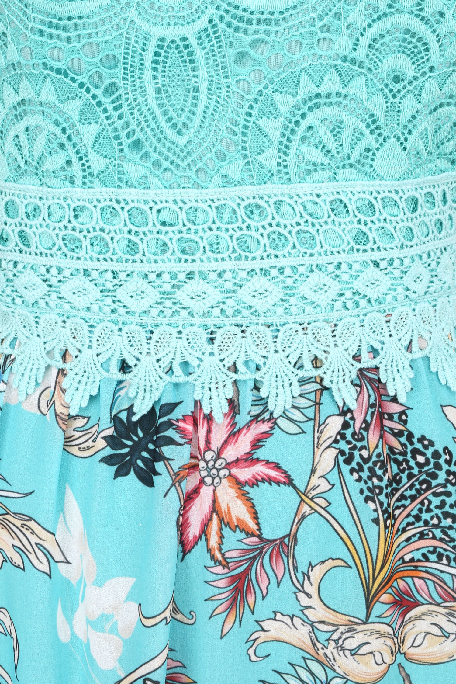 Robe longue imprimé fleurs baroques et buste en dentelle - Bleu lagon - 3