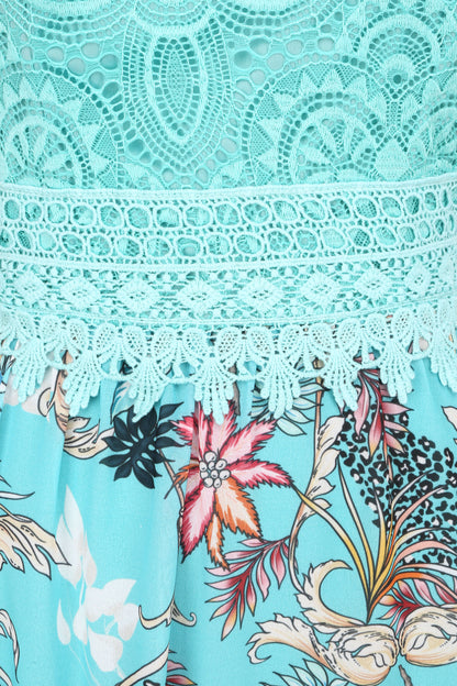 Robe longue imprimé fleurs baroques et buste en dentelle - Bleu lagon - 3
