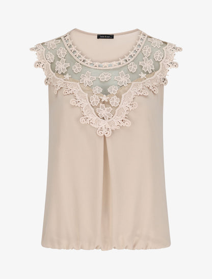 Top coupe boule à col en crochet et mesh - Beige - 5