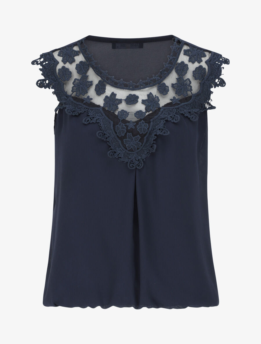 Top coupe boule à col en crochet et mesh - Bleu nuit - 1