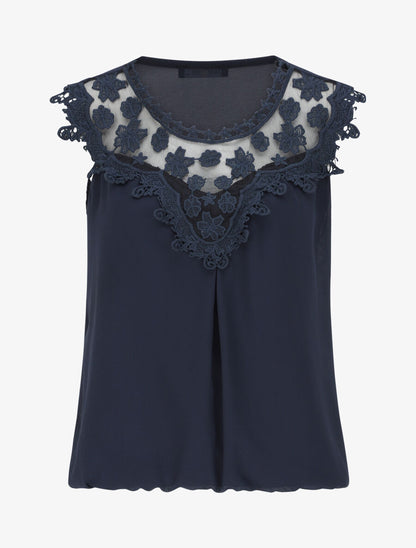 Top coupe boule à col en crochet et mesh - Bleu nuit - 1