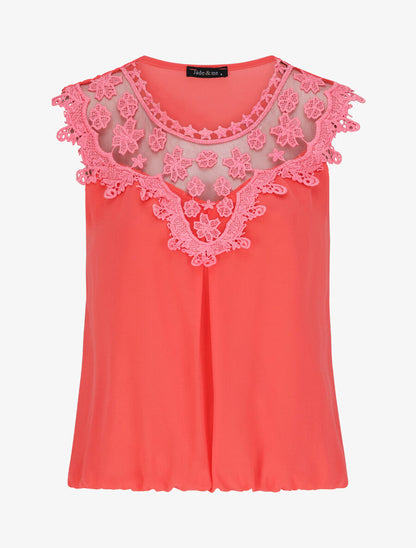 Top coupe boule à col en crochet et mesh - Corail - 1