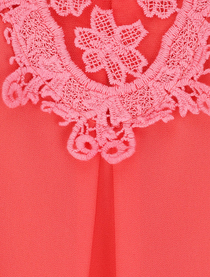 Top coupe boule à col en crochet et mesh - Corail - 3