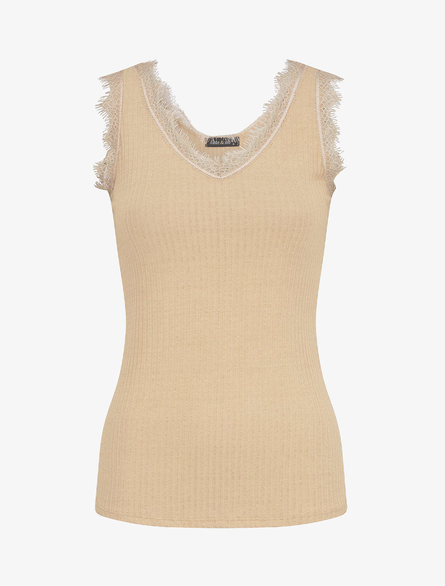 Débardeur droit côtelé à col dentelle - Beige - 1