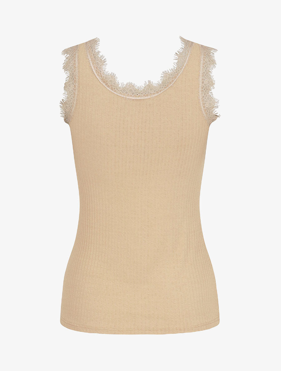 Débardeur droit côtelé à col dentelle - Beige - 2