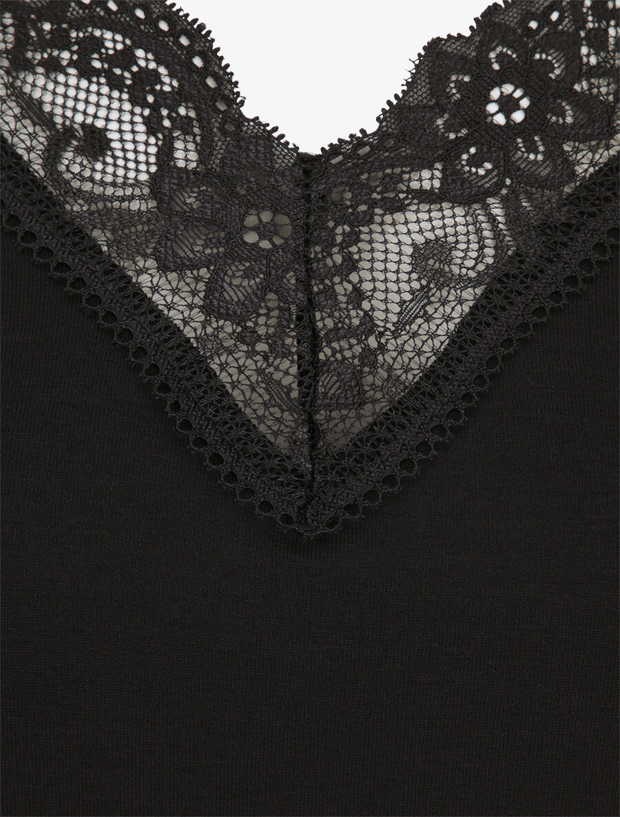 Top uni droit à manches dentelle - Noir - 3