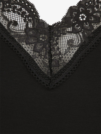 Top uni droit à manches dentelle - Noir - 3