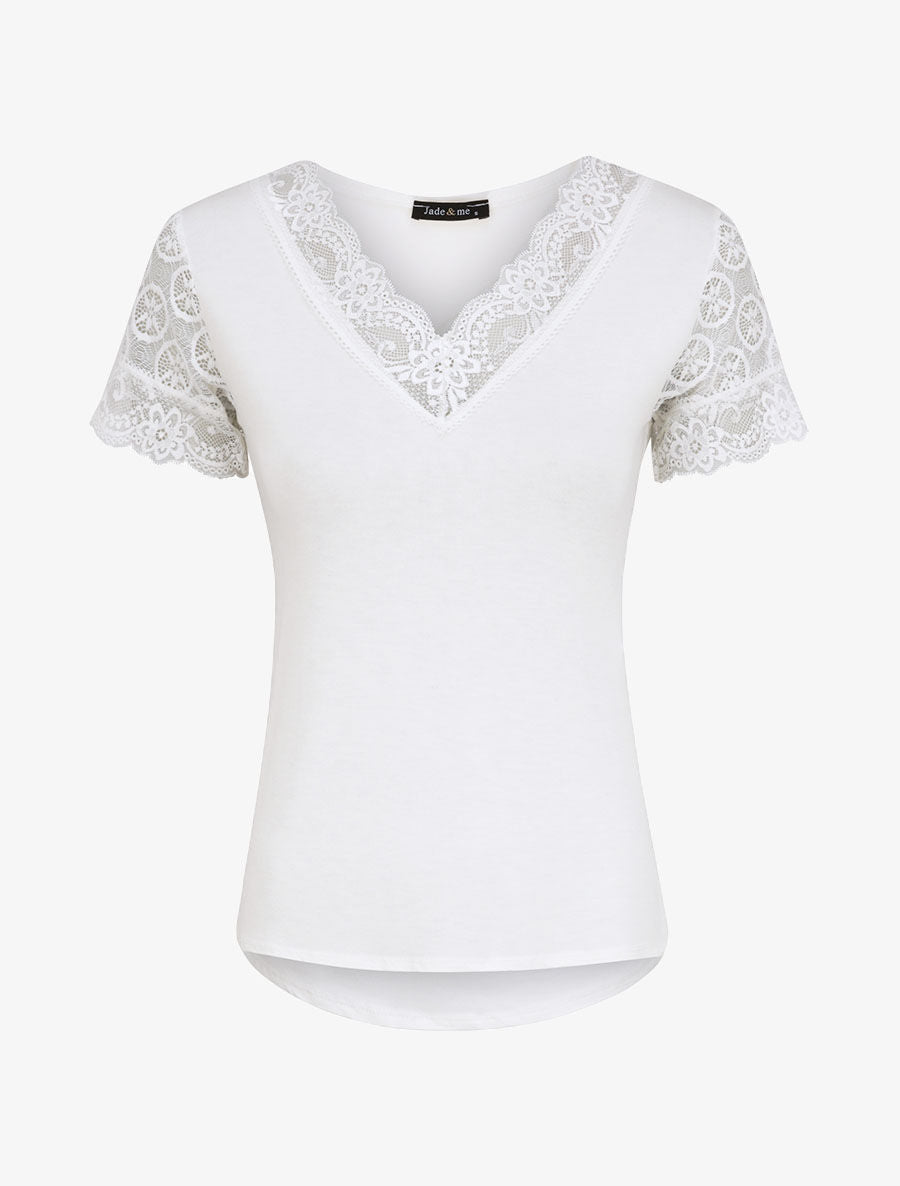 Top uni droit à manches dentelle - Blanc - 1