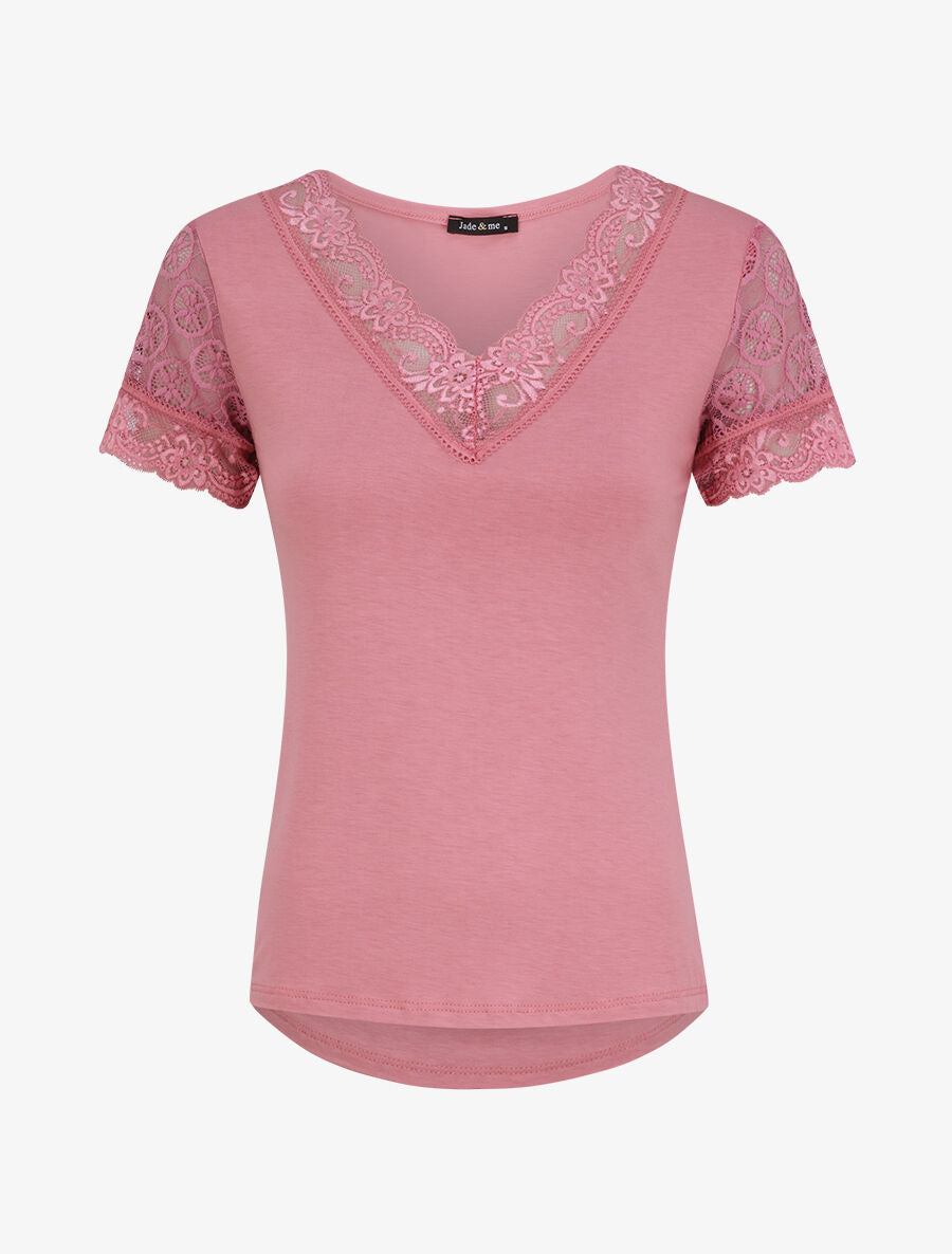 Top uni droit à manches dentelle - Rose - 4