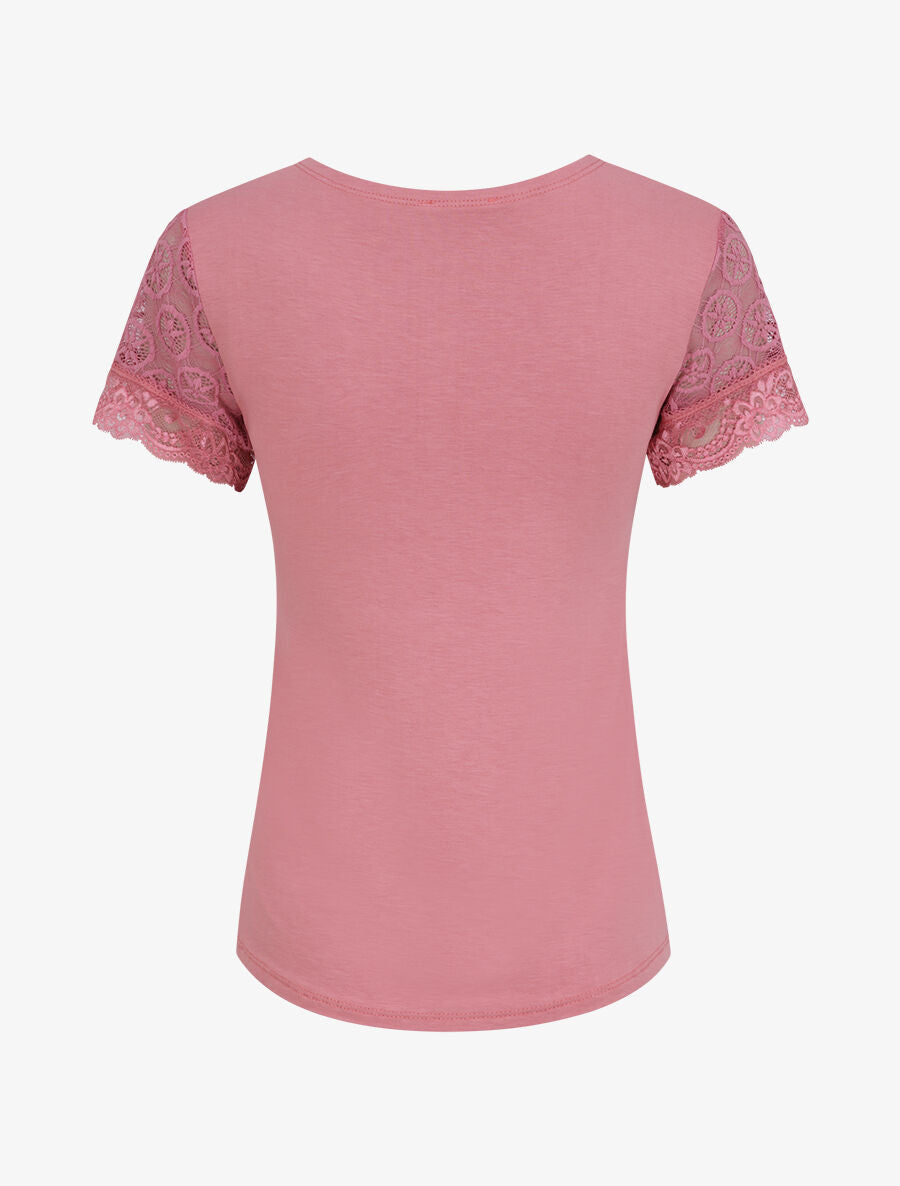 Top uni droit à manches dentelle - Rose - 2