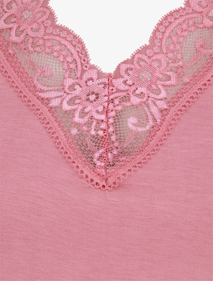 Top uni droit à manches dentelle - Rose - 3