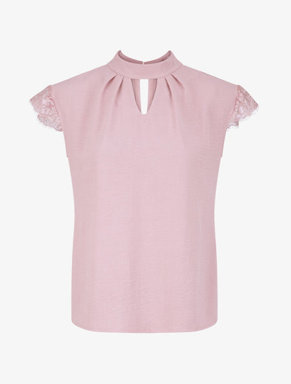 Top droit uni à mancherons dentelle - Rose poudré - 1