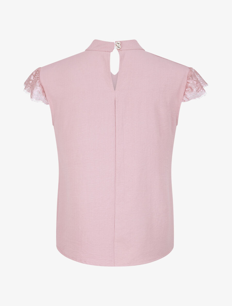 Top droit uni à mancherons dentelle - Rose poudré - 2