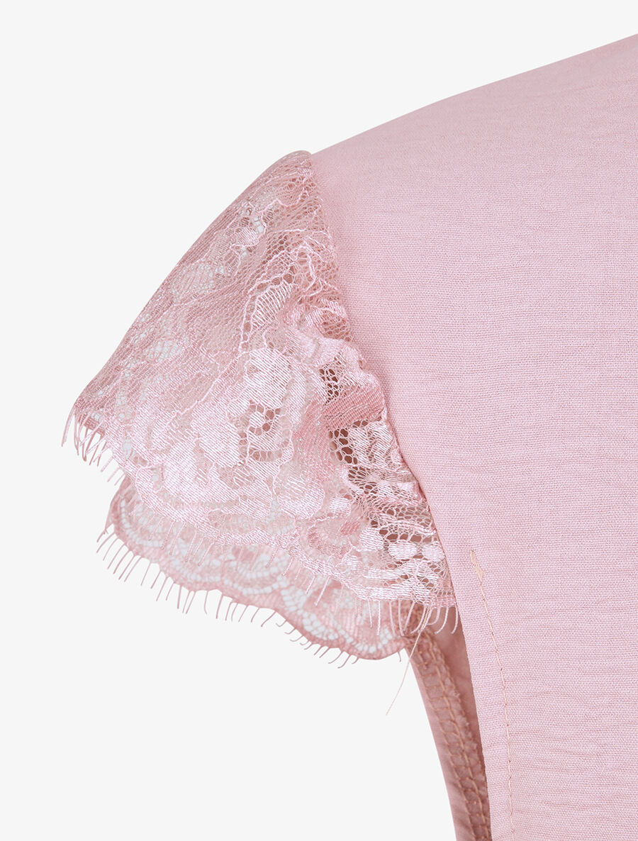 Top droit uni à mancherons dentelle - Rose poudré - 3