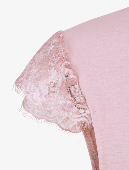 Top droit uni à mancherons dentelle - Rose poudré - 3