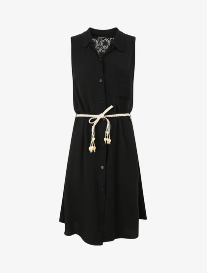 Robe chemise mi-longue unie sans manches - Noir - 4