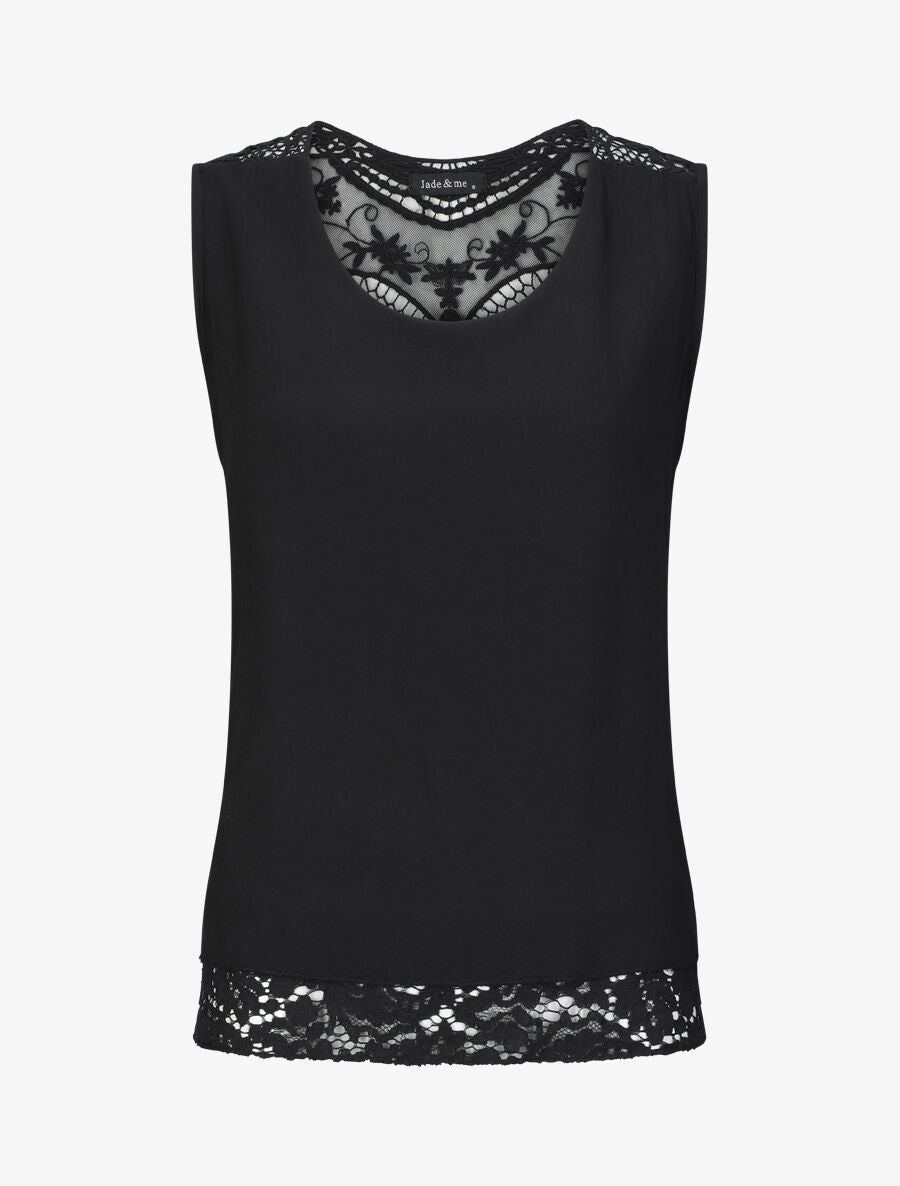Top droit uni sans manches dos en dentelle - Noir - 1