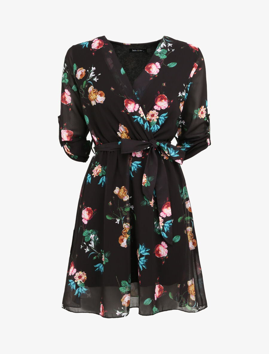 Robe imprimé roses sauvages à col cache-coeur - Noir - 1